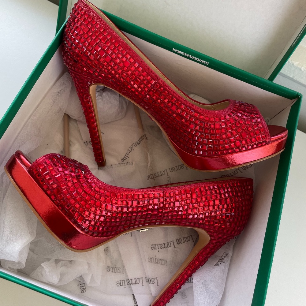 Lauren Lorraine - Candie-12- Red jeweled peep-toe platform pumps-Size 7 EUC
